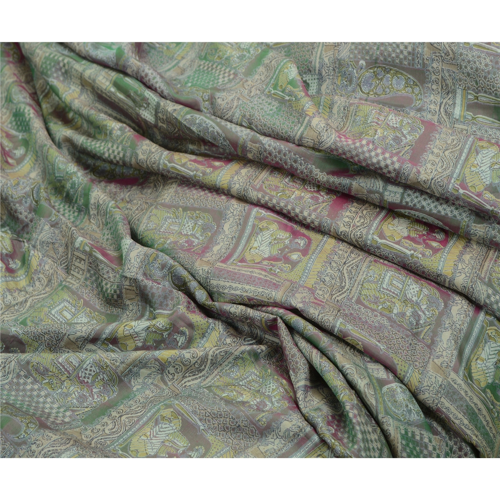 Sanskriti Vintage Sarees From India Green Printed Pure Silk Sari Craft Fabric, PR-64214-Green-Pure Silk-1