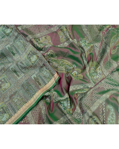 Sanskriti Vintage Sarees From India Green Printed Pure Silk Sari Craft Fabric, PR-64214-Green-Pure Silk-2