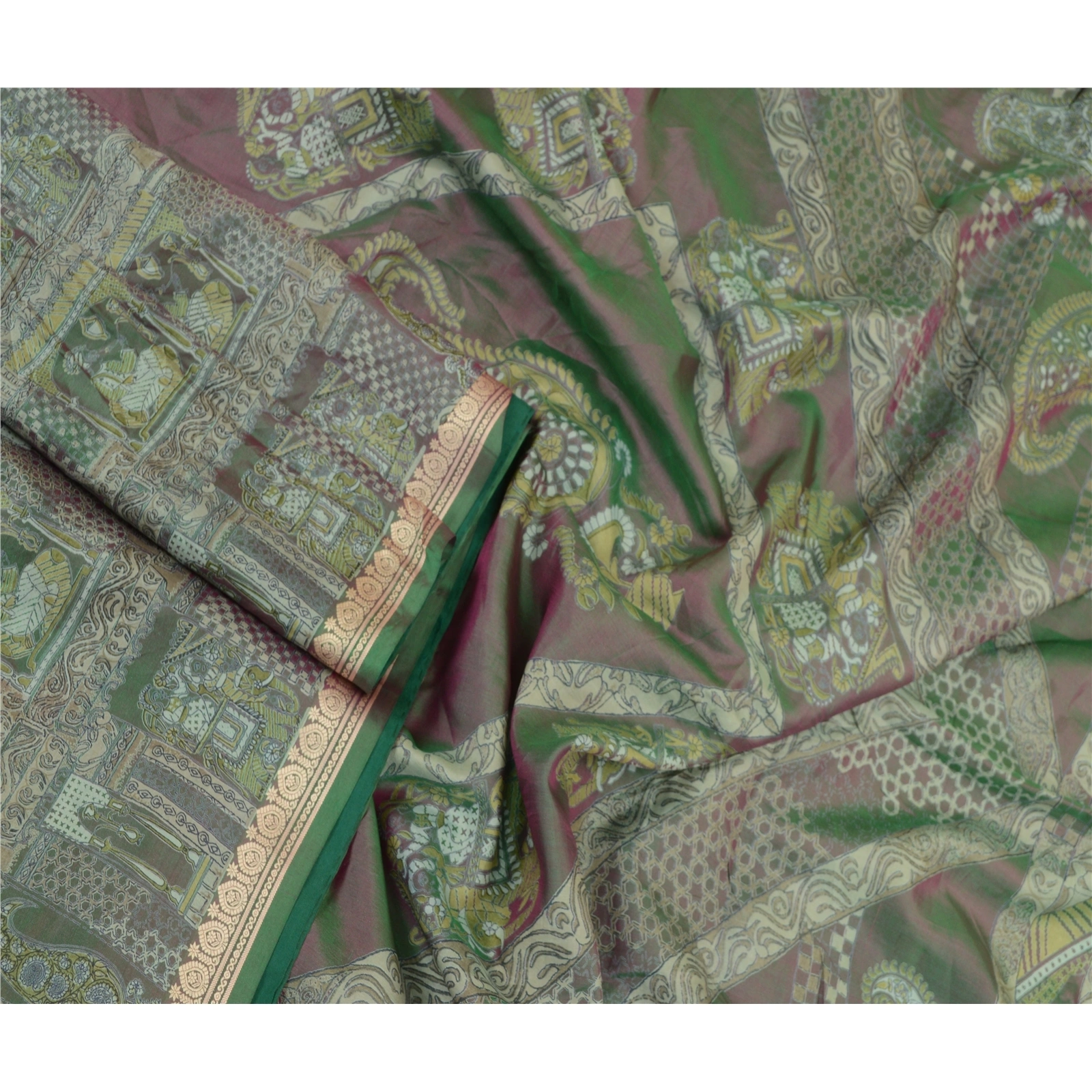 Sanskriti Vintage Sarees From India Green Printed Pure Silk Sari Craft Fabric, PR-64214-Green-Pure Silk-3