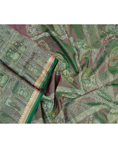 Sanskriti Vintage Sarees From India Green Printed Pure Silk Sari Craft Fabric, PR-64214-Green-Pure Silk-3