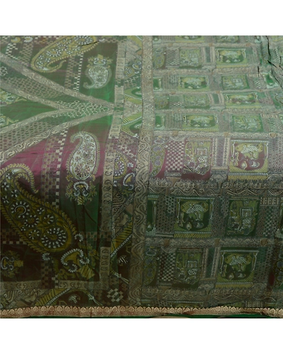 Sanskriti Vintage Sarees From India Green Printed Pure Silk Sari Craft Fabric, PR-64214-Green-Pure Silk-4