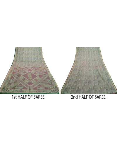 Sanskriti Vintage Sarees From India Green Printed Pure Silk Sari Craft Fabric, PR-64214-Green-Pure Silk-5