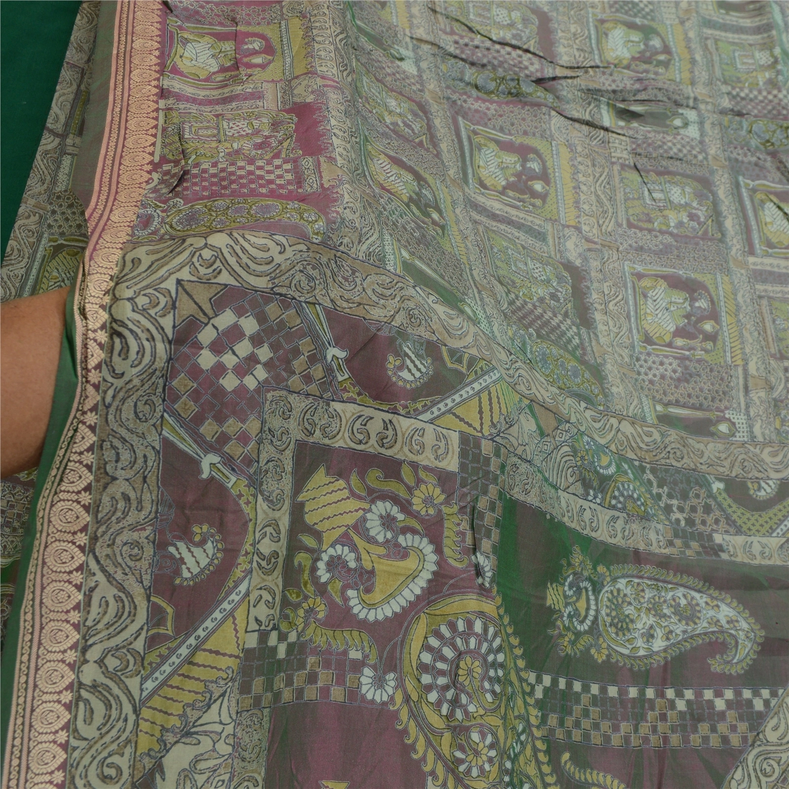 Sanskriti Vintage Sarees From India Green Printed Pure Silk Sari Craft Fabric, PR-64214-Green-Pure Silk-6