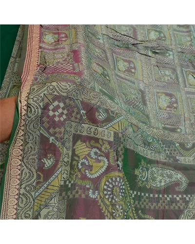 Sanskriti Vintage Sarees From India Green Printed Pure Silk Sari Craft Fabric, PR-64214-Green-Pure Silk-6