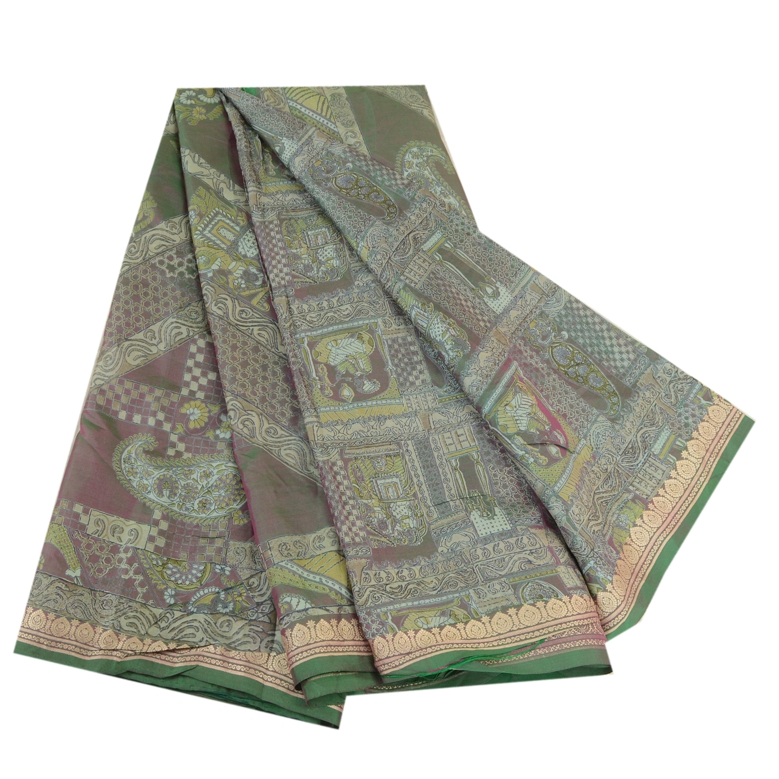 Sanskriti Vintage Sarees From India Green Printed Pure Silk Sari Craft Fabric, PR-64214-Green-Pure Silk-7