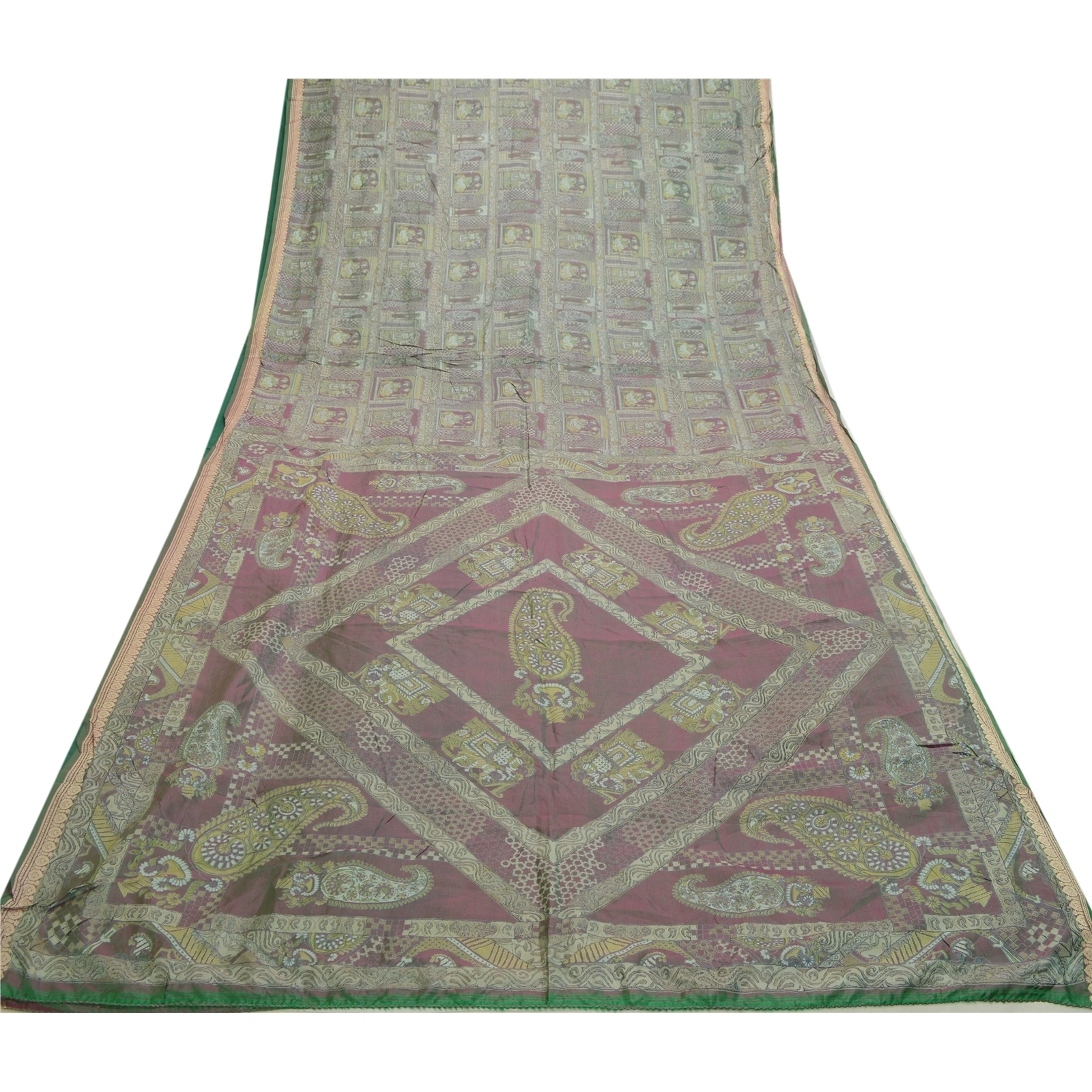 Sanskriti Vintage Sarees From India Green Printed Pure Silk Sari Craft Fabric, PR-64214-Green-Pure Silk-8