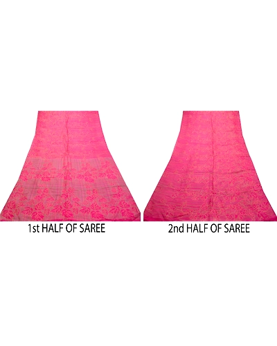 Sanskriti Vintage Sarees Hot-Pink Pure Silk Printed Sari Floral 5Yd Craft Fabric, PR-64218-Hot-Pink-Pure Silk-5
