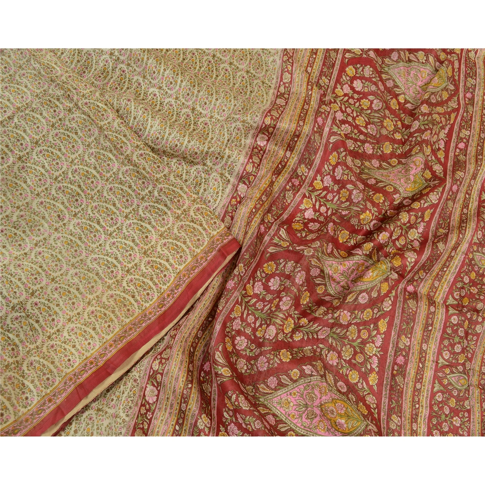 Sanskriti Vintage Sarees From Indian Ivory Pure Silk Printed Sari Craft Fabric, PR-64221-Ivory-Pure Silk-1