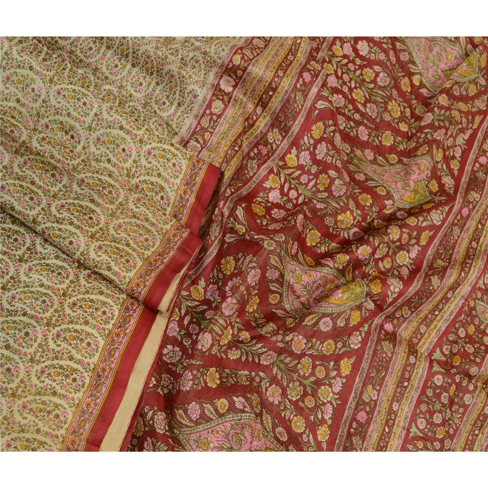 Sanskriti Vintage Sarees From Indian Ivory Pure Silk Printed Sari Craft Fabric, PR-64221-Ivory-Pure Silk-2