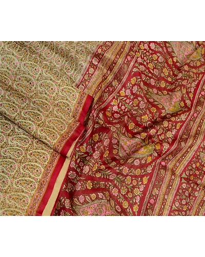 Sanskriti Vintage Sarees From Indian Ivory Pure Silk Printed Sari Craft Fabric, PR-64221-Ivory-Pure Silk-2