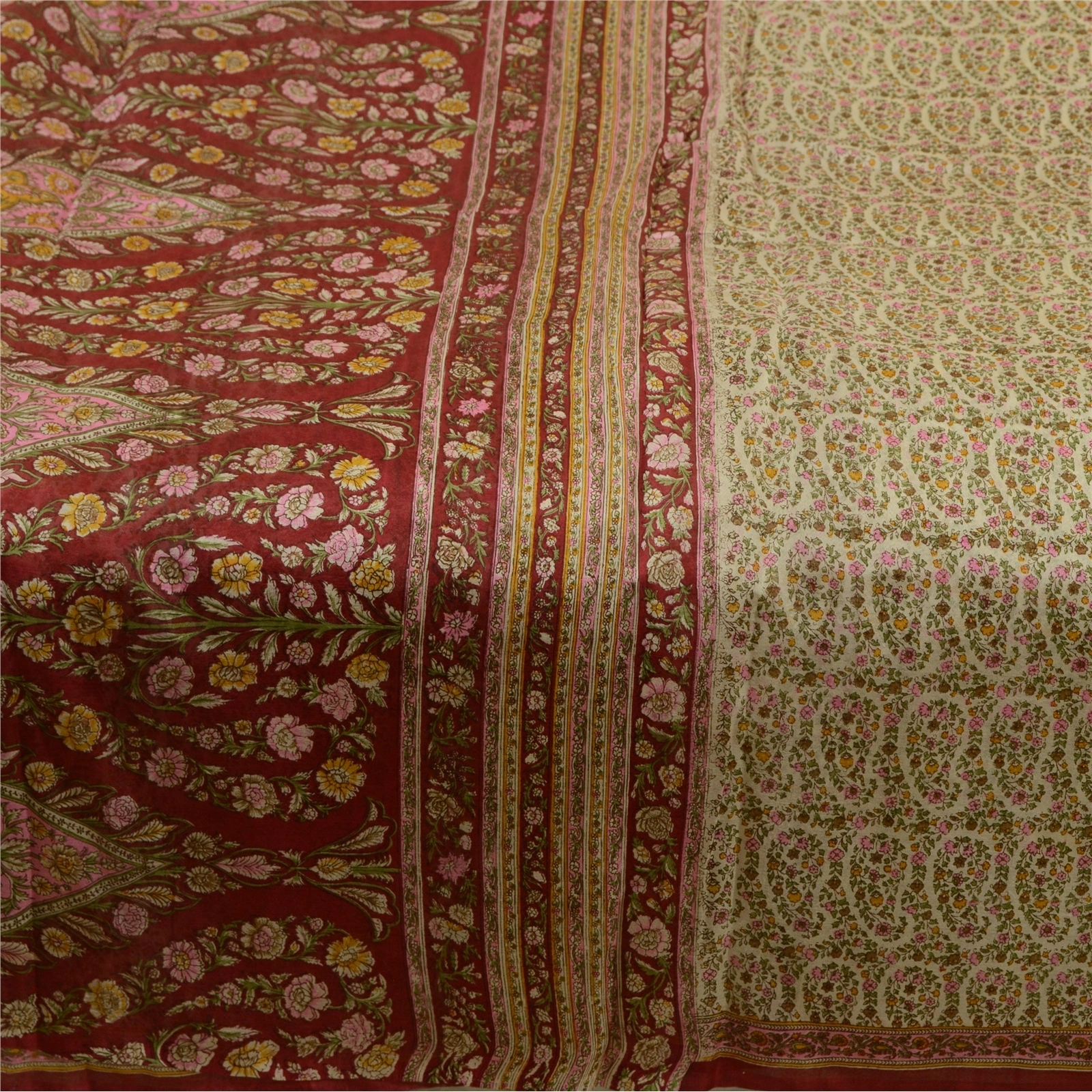 Sanskriti Vintage Sarees From Indian Ivory Pure Silk Printed Sari Craft Fabric, PR-64221-Ivory-Pure Silk-3