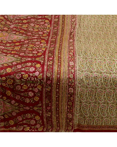 Sanskriti Vintage Sarees From Indian Ivory Pure Silk Printed Sari Craft Fabric, PR-64221-Ivory-Pure Silk-3