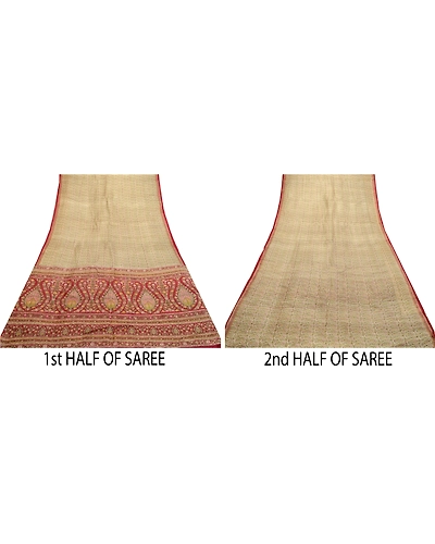 Sanskriti Vintage Sarees From Indian Ivory Pure Silk Printed Sari Craft Fabric, PR-64221-Ivory-Pure Silk-4