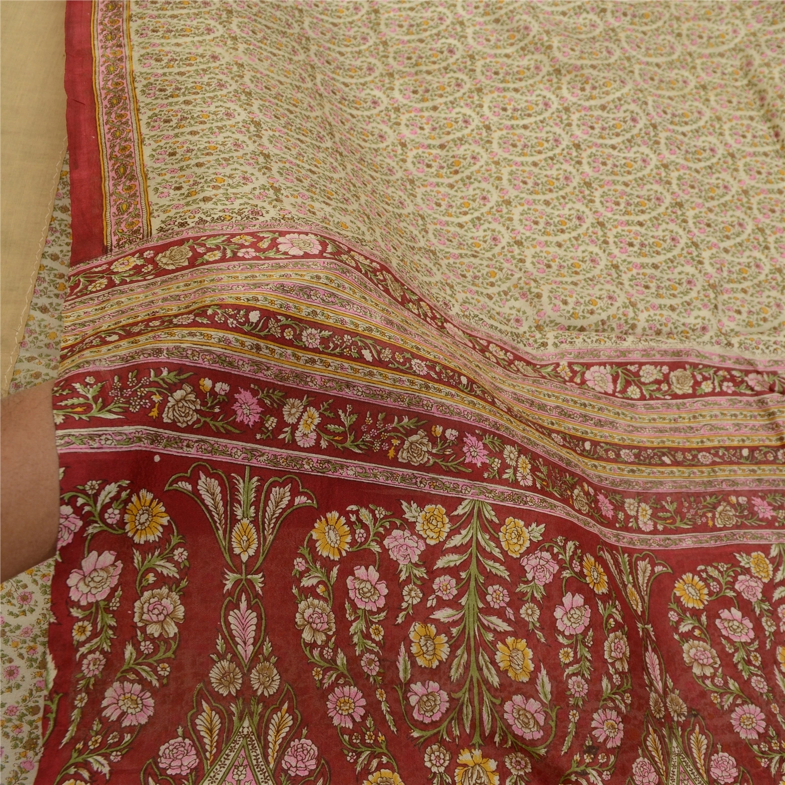 Sanskriti Vintage Sarees From Indian Ivory Pure Silk Printed Sari Craft Fabric, PR-64221-Ivory-Pure Silk-5