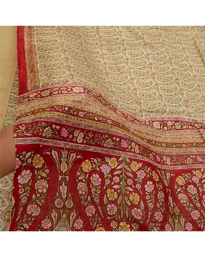Sanskriti Vintage Sarees From Indian Ivory Pure Silk Printed Sari Craft Fabric, PR-64221-Ivory-Pure Silk-5