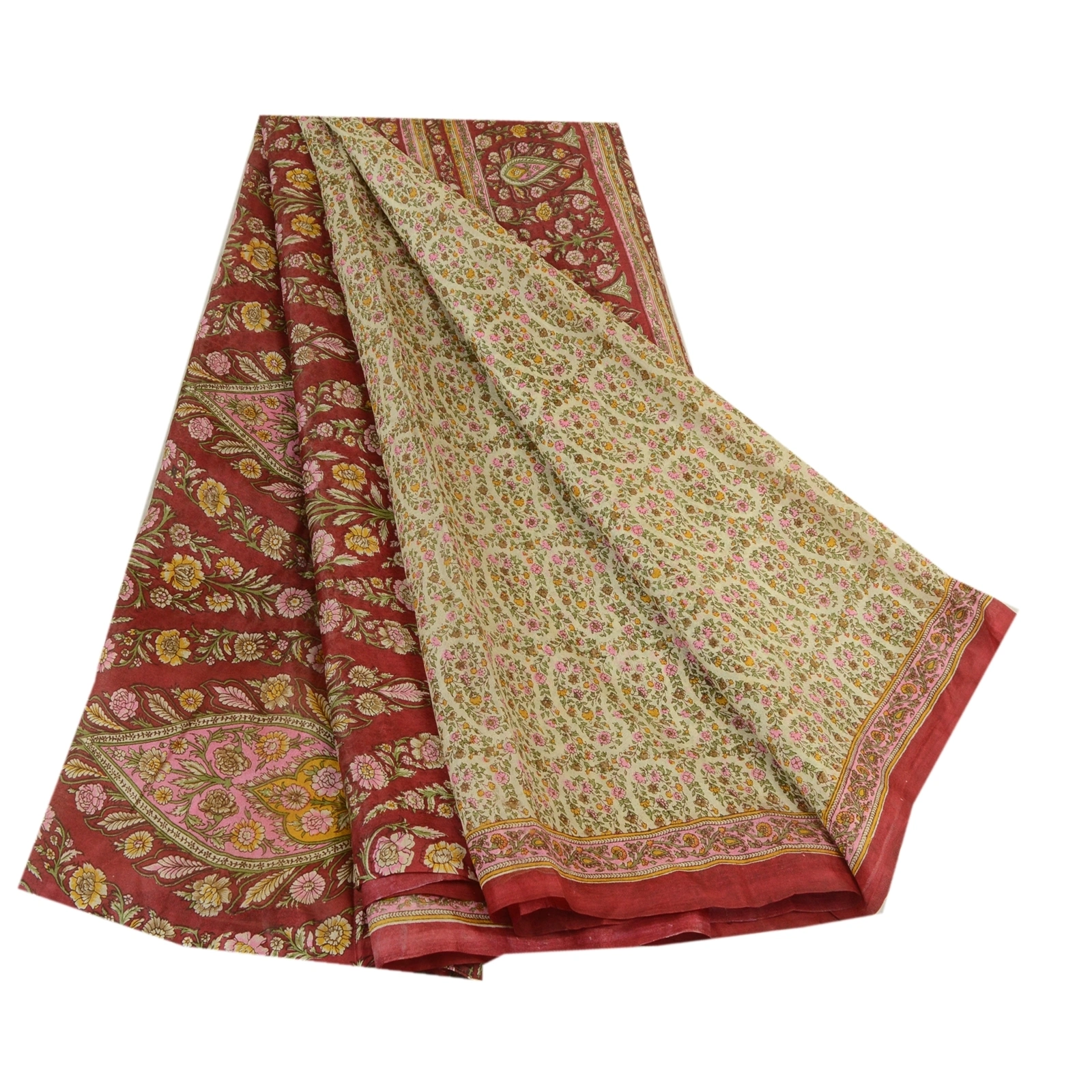 Sanskriti Vintage Sarees From Indian Ivory Pure Silk Printed Sari Craft Fabric, PR-64221-Ivory-Pure Silk-6