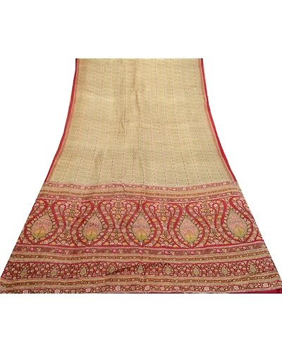 Sanskriti Vintage Sarees From Indian Ivory Pure Silk Printed Sari Craft Fabric, PR-64221-Ivory-Pure Silk-7