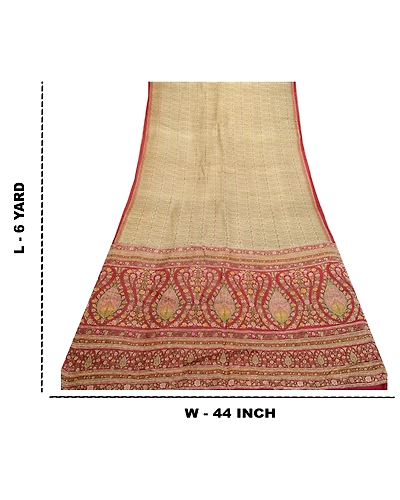 Sanskriti Vintage Sarees From Indian Ivory Pure Silk Printed Sari Craft Fabric, PR-64221-Ivory-Pure Silk-8