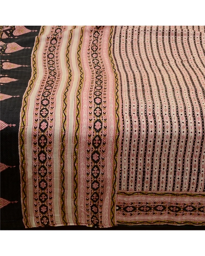 Sanskriti Vintage Sarees Ivory 100% Pure Silk Printed Sari 5Yd Soft Craft Fabric, PR-64231-Ivory-Pure Silk-3