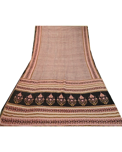 Sanskriti Vintage Sarees Ivory 100% Pure Silk Printed Sari 5Yd Soft Craft Fabric, PR-64231-Ivory-Pure Silk-7
