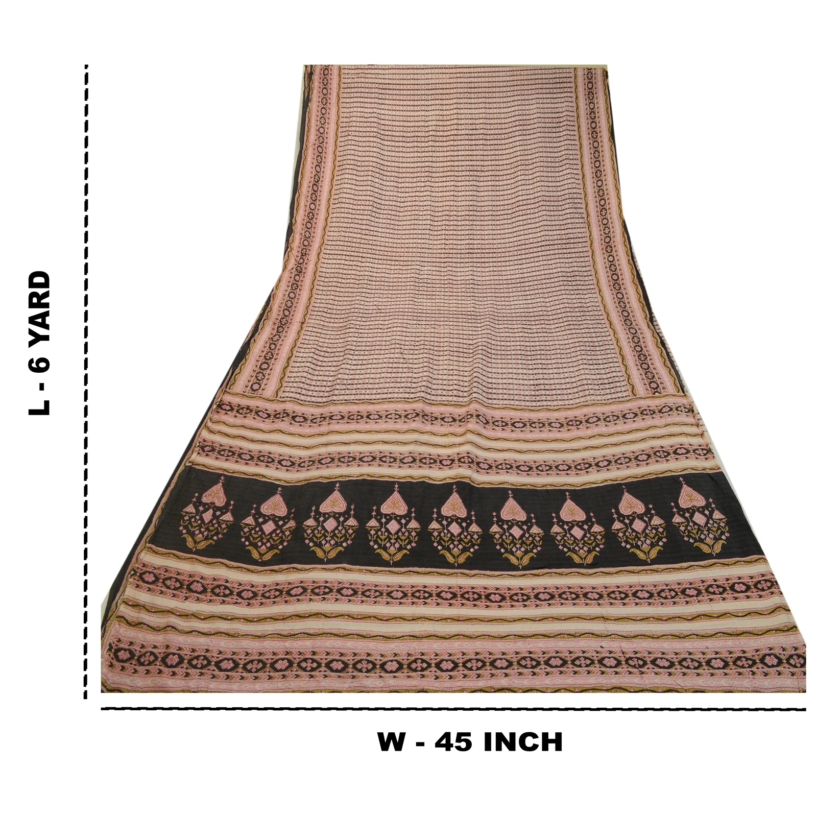 Sanskriti Vintage Sarees Ivory 100% Pure Silk Printed Sari 5Yd Soft Craft Fabric, PR-64231-Ivory-Pure Silk-8