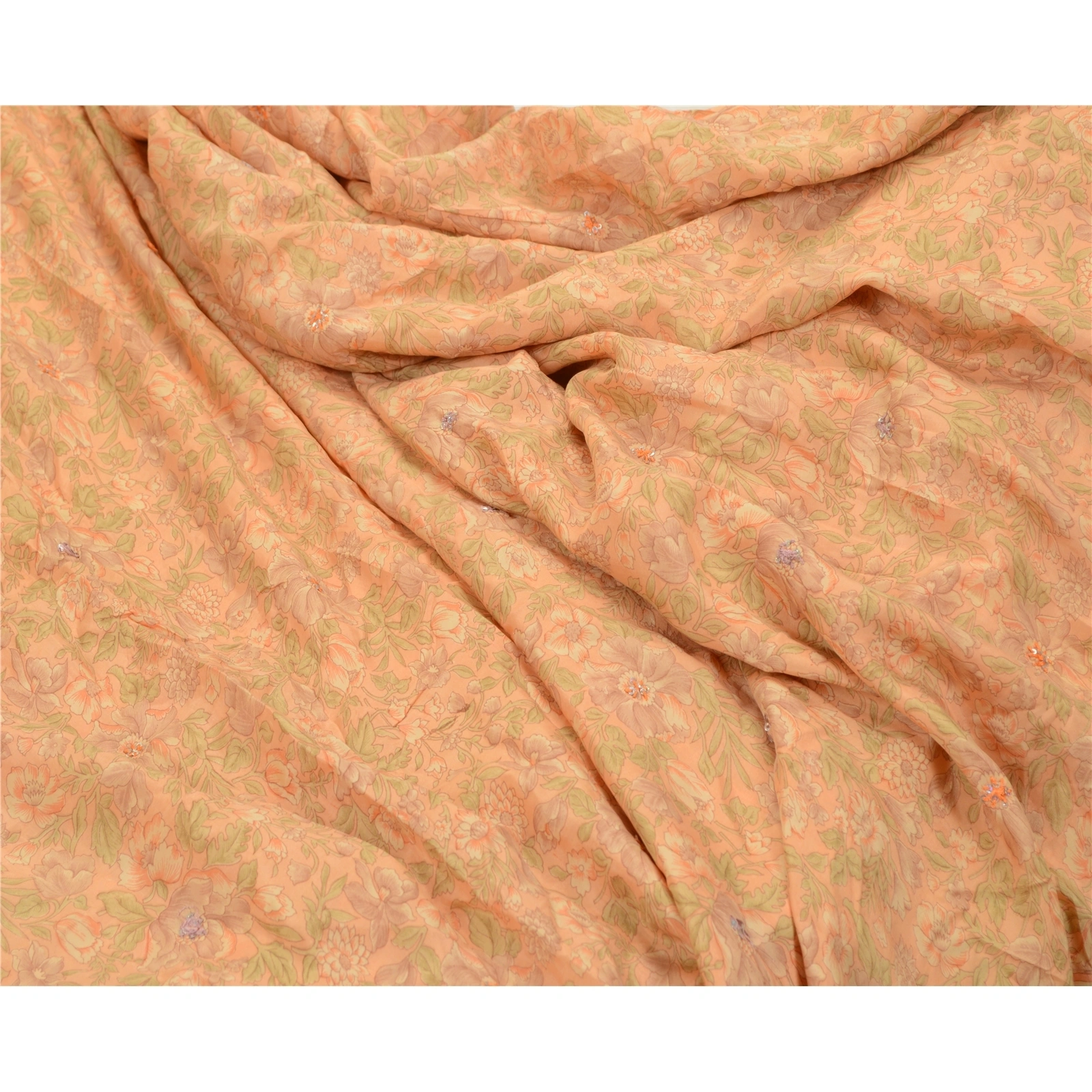 Sanskriti Vintage Sarees Peach Hand Beaded Pure Silk Printed Sari Craft Fabric, PR-64234-Peach-Pure Silk-1