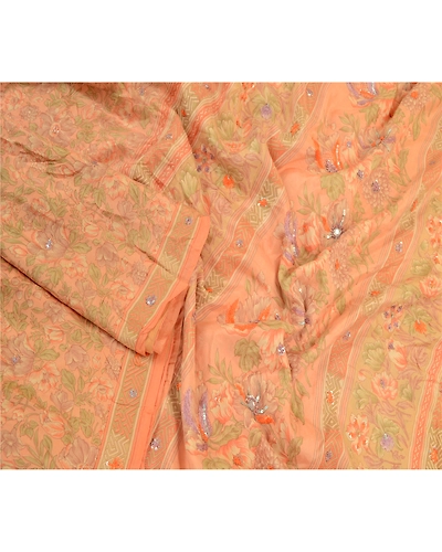 Sanskriti Vintage Sarees Peach Hand Beaded Pure Silk Printed Sari Craft Fabric, PR-64234-Peach-Pure Silk-3