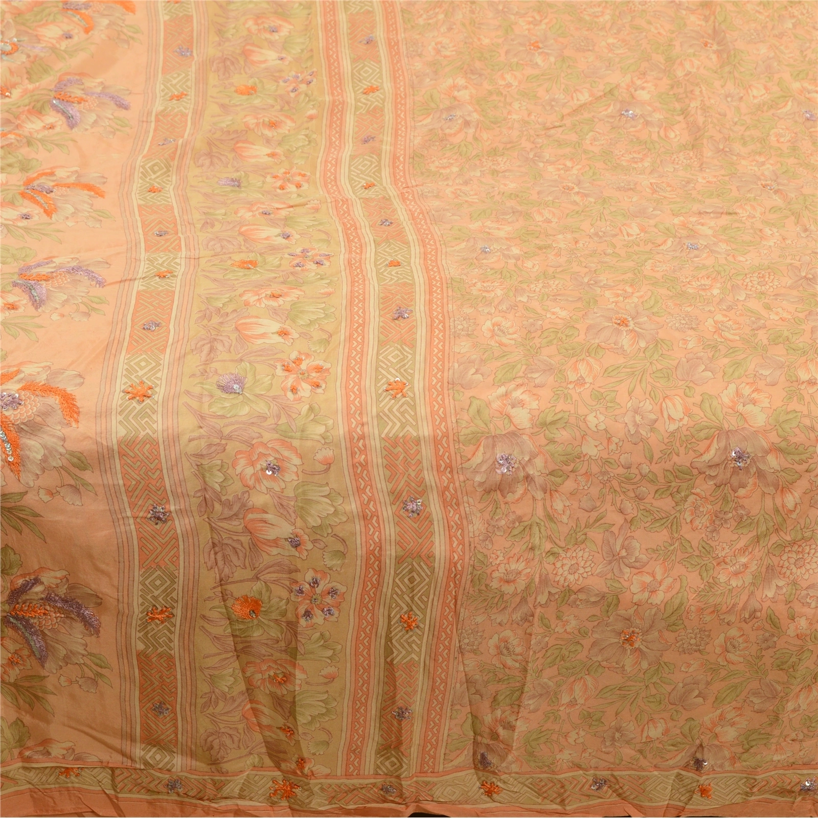 Sanskriti Vintage Sarees Peach Hand Beaded Pure Silk Printed Sari Craft Fabric, PR-64234-Peach-Pure Silk-4