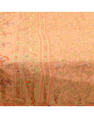 Sanskriti Vintage Sarees Peach Hand Beaded Pure Silk Printed Sari Craft Fabric, PR-64234-Peach-Pure Silk-4