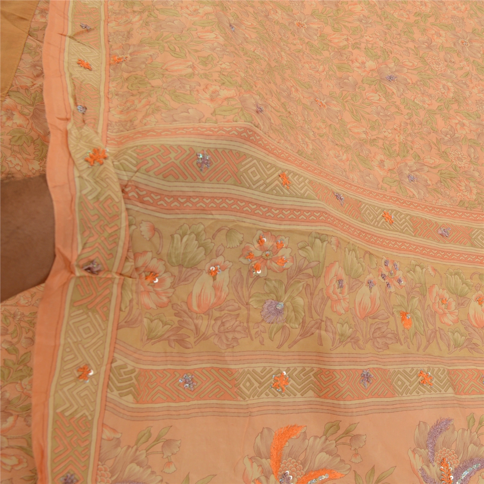 Sanskriti Vintage Sarees Peach Hand Beaded Pure Silk Printed Sari Craft Fabric, PR-64234-Peach-Pure Silk-6