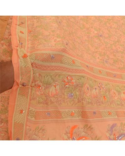 Sanskriti Vintage Sarees Peach Hand Beaded Pure Silk Printed Sari Craft Fabric, PR-64234-Peach-Pure Silk-6