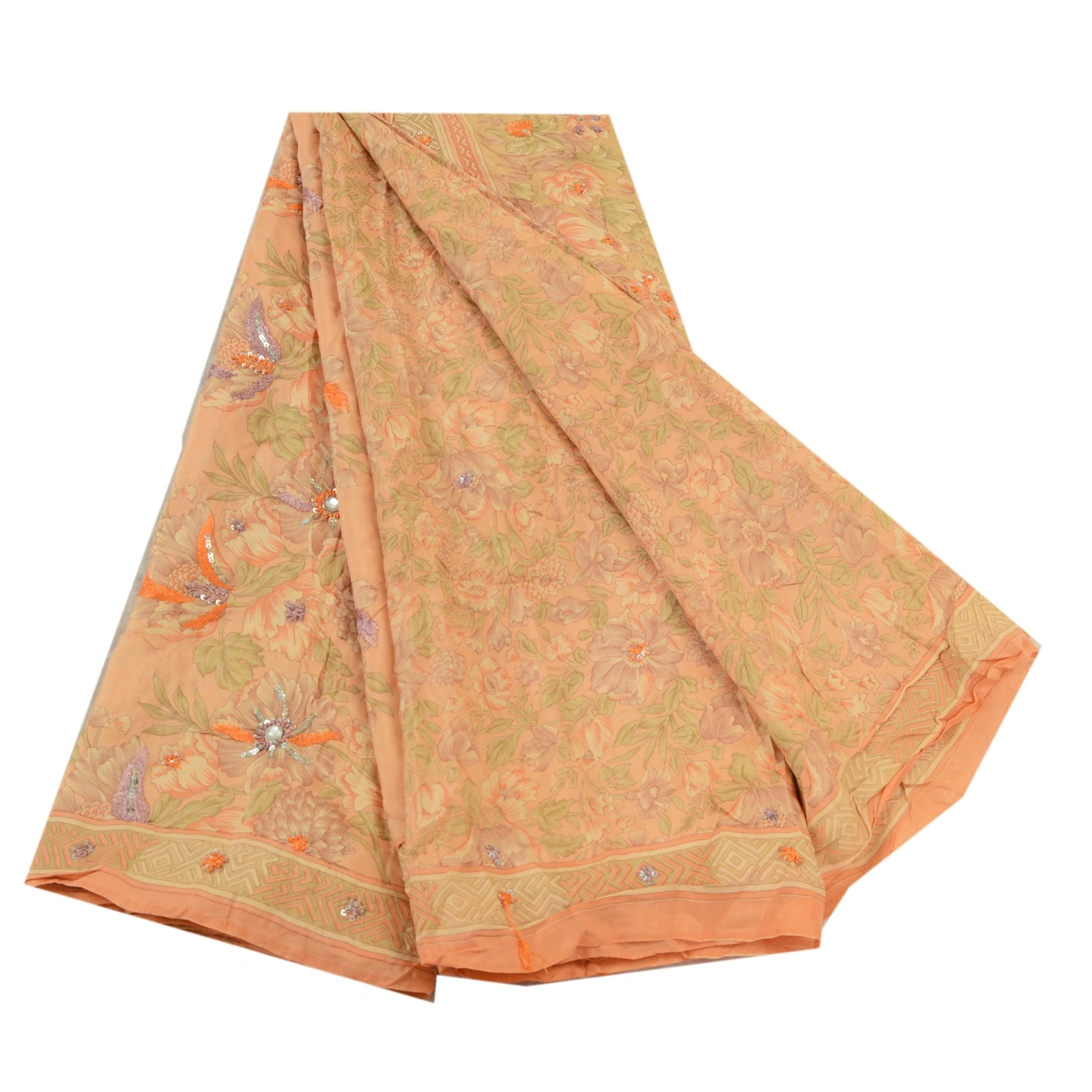 Sanskriti Vintage Sarees Peach Hand Beaded Pure Silk Printed Sari Craft Fabric, PR-64234-Peach-Pure Silk-7