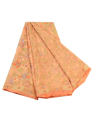 Sanskriti Vintage Sarees Peach Hand Beaded Pure Silk Printed Sari Craft Fabric, PR-64234-Peach-Pure Silk-7