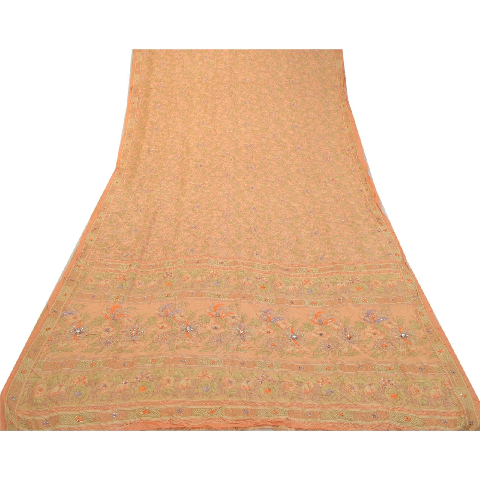 Sanskriti Vintage Sarees Peach Hand Beaded Pure Silk Printed Sari Craft Fabric, PR-64234-Peach-Pure Silk-8