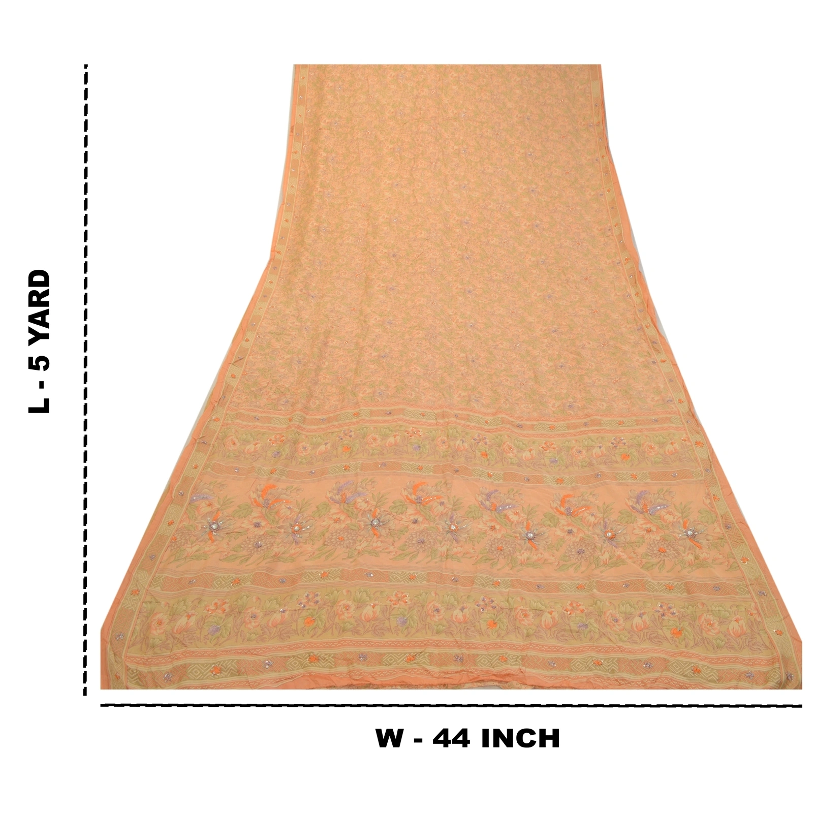 Sanskriti Vintage Sarees Peach Hand Beaded Pure Silk Printed Sari Craft Fabric, PR-64234-Peach-Pure Silk-9