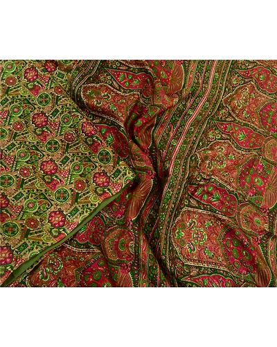 Sanskriti Vintage Sarees Green Indian Pure Silk Printed Sari Soft Craft Fabric, PR-64238-Green-Pure Silk-2