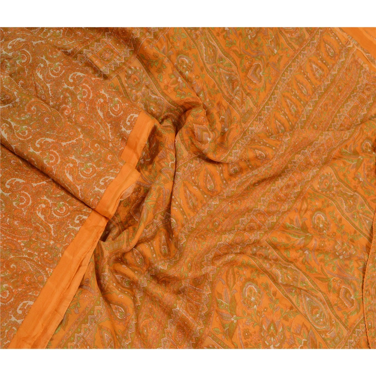 Sanskriti Vintage Sarees From India Yellow Pure Silk Printed Sari Craft Fabric, PR-64243-Yellow-Pure Silk-2