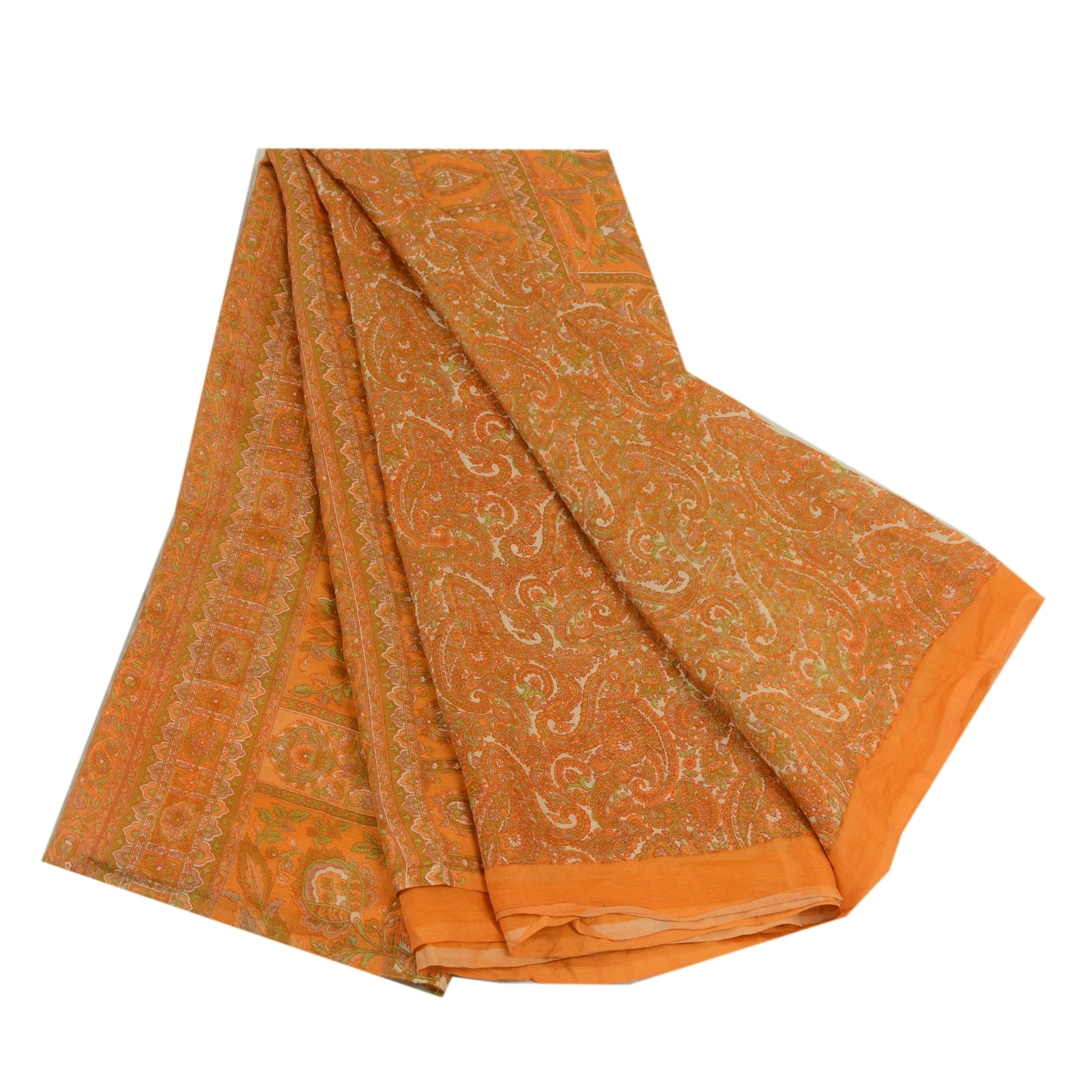 Sanskriti Vintage Sarees From India Yellow Pure Silk Printed Sari Craft Fabric, PR-64243-Yellow-Pure Silk-6