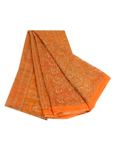 Sanskriti Vintage Sarees From India Yellow Pure Silk Printed Sari Craft Fabric, PR-64243-Yellow-Pure Silk-6