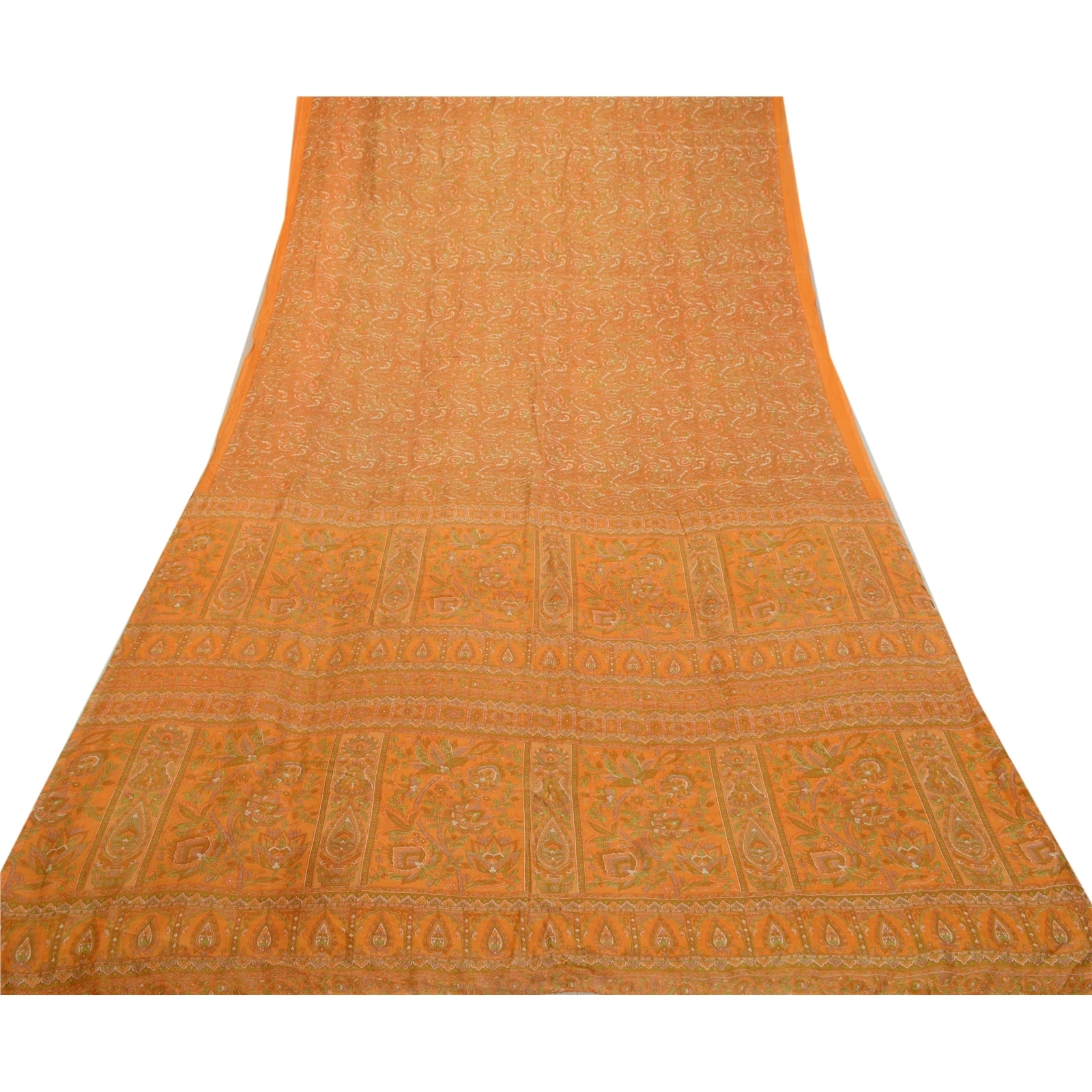 Sanskriti Vintage Sarees From India Yellow Pure Silk Printed Sari Craft Fabric, PR-64243-Yellow-Pure Silk-7