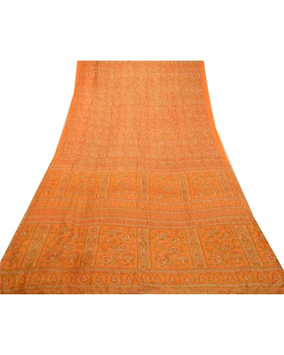 Sanskriti Vintage Sarees From India Yellow Pure Silk Printed Sari Craft Fabric, PR-64243-Yellow-Pure Silk-7