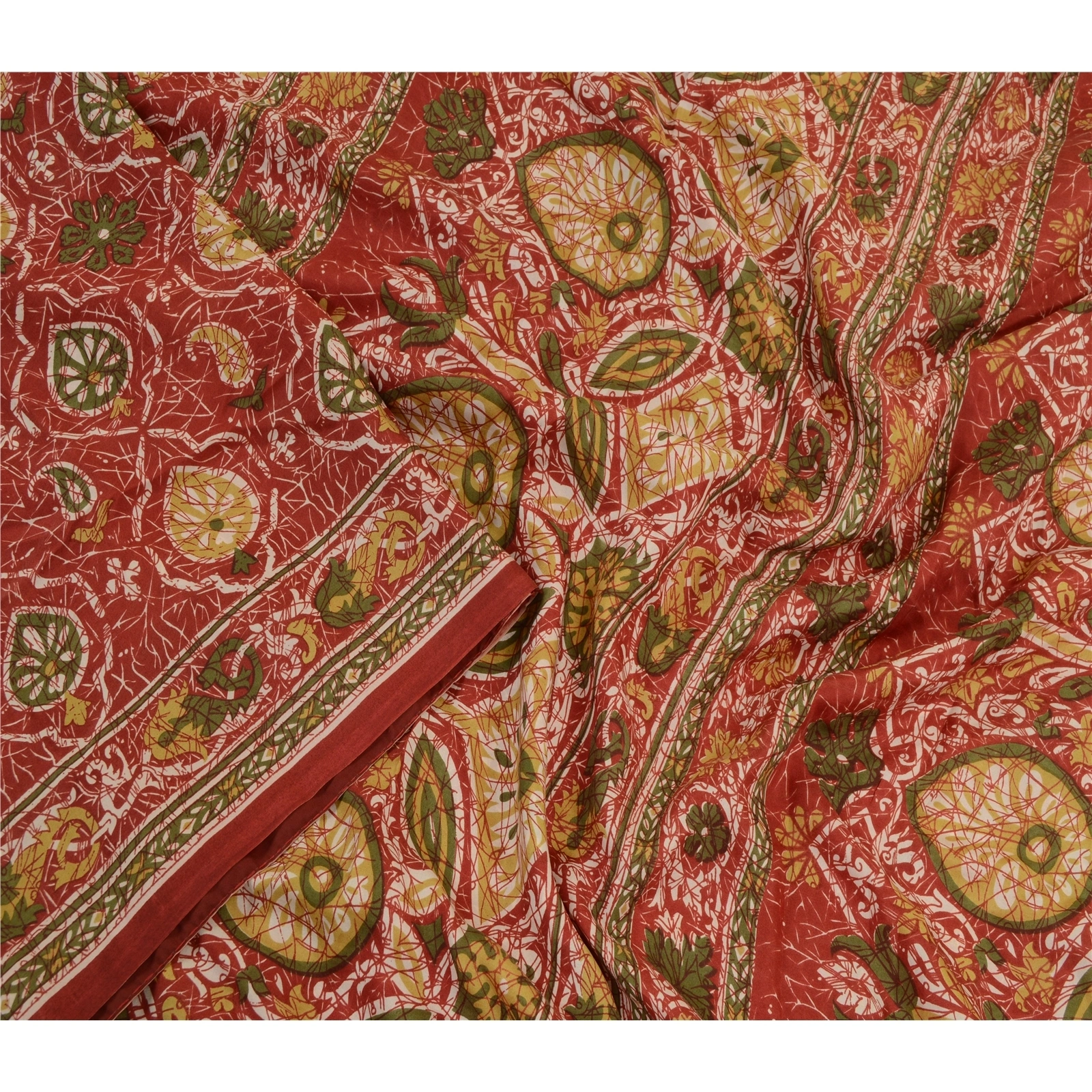 Sanskriti Vintage Sarees Dark Red Pure Silk Printed Sari Floral 5Yd Craft Fabric, PR-64246-Dark Red-Pure Silk-1