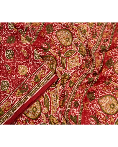 Sanskriti Vintage Sarees Dark Red Pure Silk Printed Sari Floral 5Yd Craft Fabric, PR-64246-Dark Red-Pure Silk-1