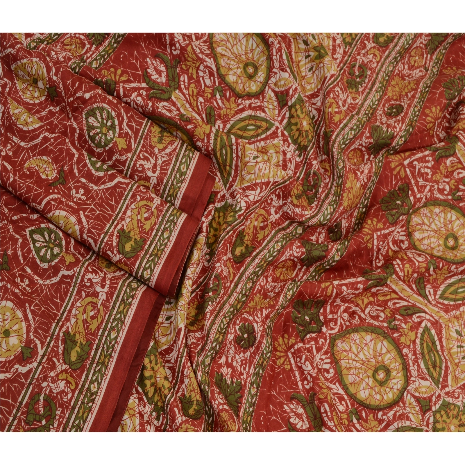 Sanskriti Vintage Sarees Dark Red Pure Silk Printed Sari Floral 5Yd Craft Fabric, PR-64246-Dark Red-Pure Silk-2