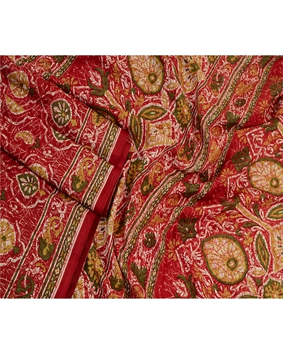 Sanskriti Vintage Sarees Dark Red Pure Silk Printed Sari Floral 5Yd Craft Fabric, PR-64246-Dark Red-Pure Silk-2