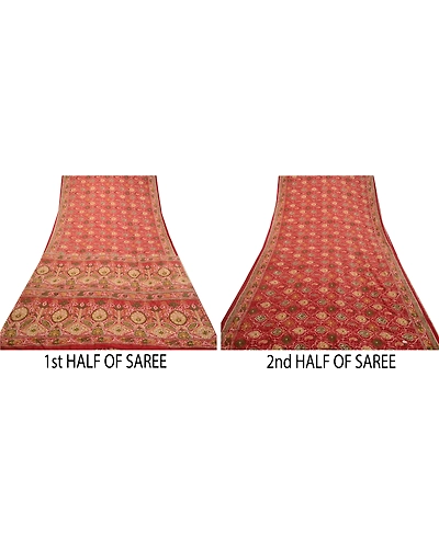 Sanskriti Vintage Sarees Dark Red Pure Silk Printed Sari Floral 5Yd Craft Fabric, PR-64246-Dark Red-Pure Silk-4