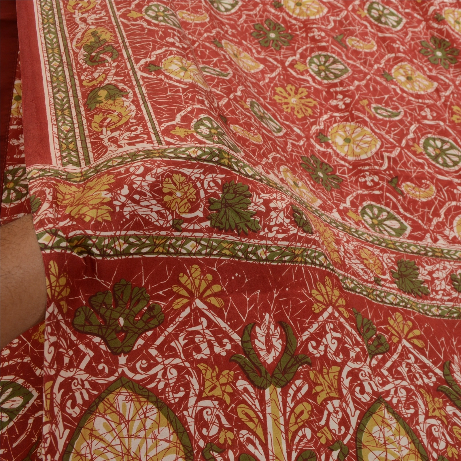 Sanskriti Vintage Sarees Dark Red Pure Silk Printed Sari Floral 5Yd Craft Fabric, PR-64246-Dark Red-Pure Silk-5