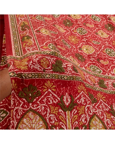 Sanskriti Vintage Sarees Dark Red Pure Silk Printed Sari Floral 5Yd Craft Fabric, PR-64246-Dark Red-Pure Silk-5