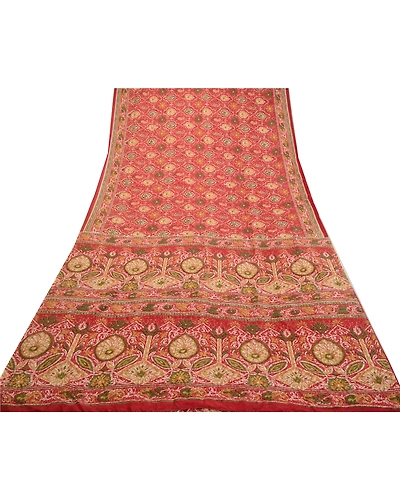 Sanskriti Vintage Sarees Dark Red Pure Silk Printed Sari Floral 5Yd Craft Fabric, PR-64246-Dark Red-Pure Silk-7