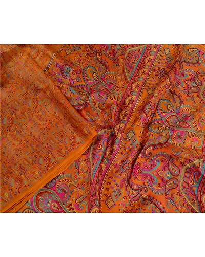 Sanskriti Vintage Sarees Saffron Indian Pure Silk Printed Sari Soft Craft Fabric, PR-64252-Saffron-Pure Silk-1